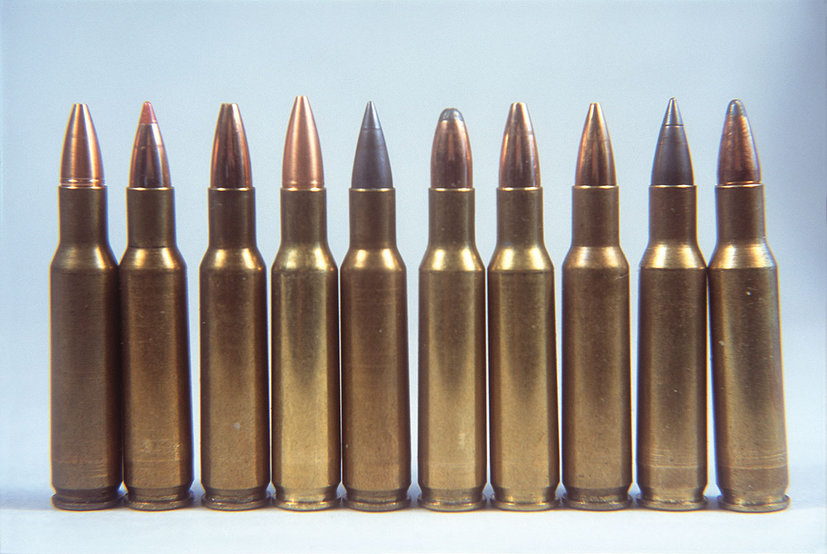 Sample bullets loaded for testing include, from left: Cutting Edge 32-grain PHD, Nosler 35 Lead Free, Berger 40 HP, Cutting Edge 40 FB, Hornady 40 V-MAX, Nosler 45 SB, Barnes 50 Varminator, Berger 50, Hornady 50 V-MAX and Hornady 55 Spire Point.